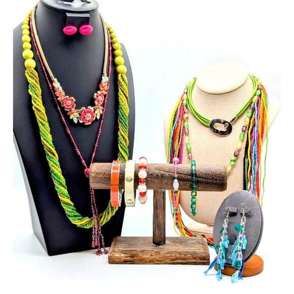 Mixed Lot of 13 Colorful Jewelry Pieces -- 6 Necklaces 2 Pr Earrings 5 Bracelets - Picture 1 of 8